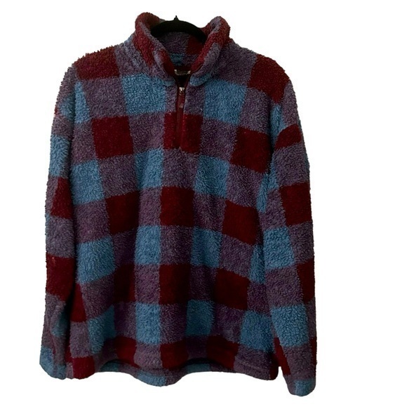 EDDIE BAUER Blue & Brick Red Plaid Fleece Pullover Size 2XL - Picture 1 of 4